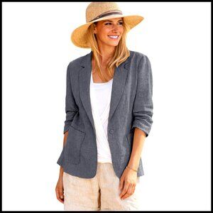 Linen Blazer Women's 3/4 Ruched Sleeve Stretchy Lightweight Work Jacket